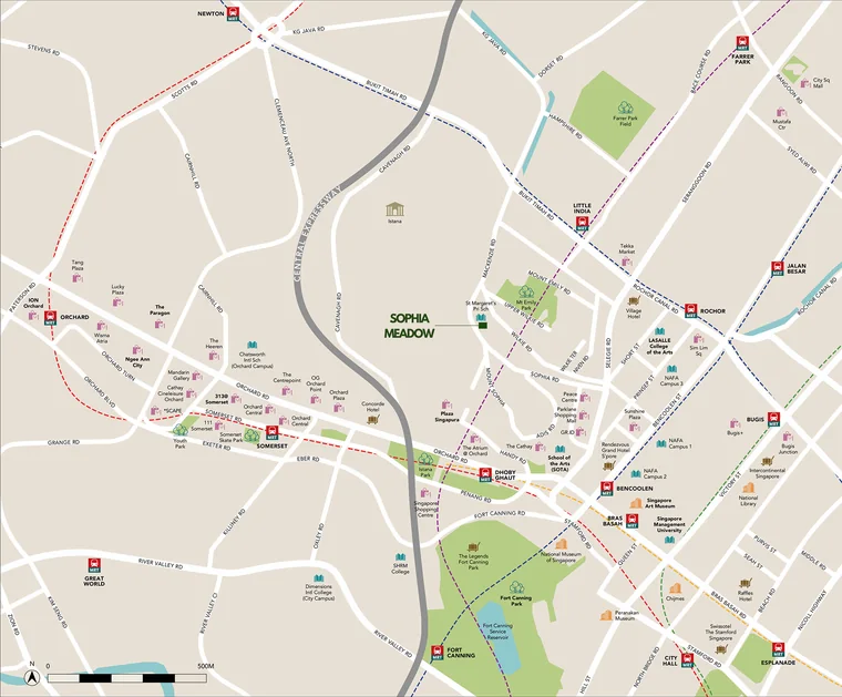 Sophia Meadow location map showing Dhoby Ghaut, Orchard, the arts belt and surrounding amenities in District 9